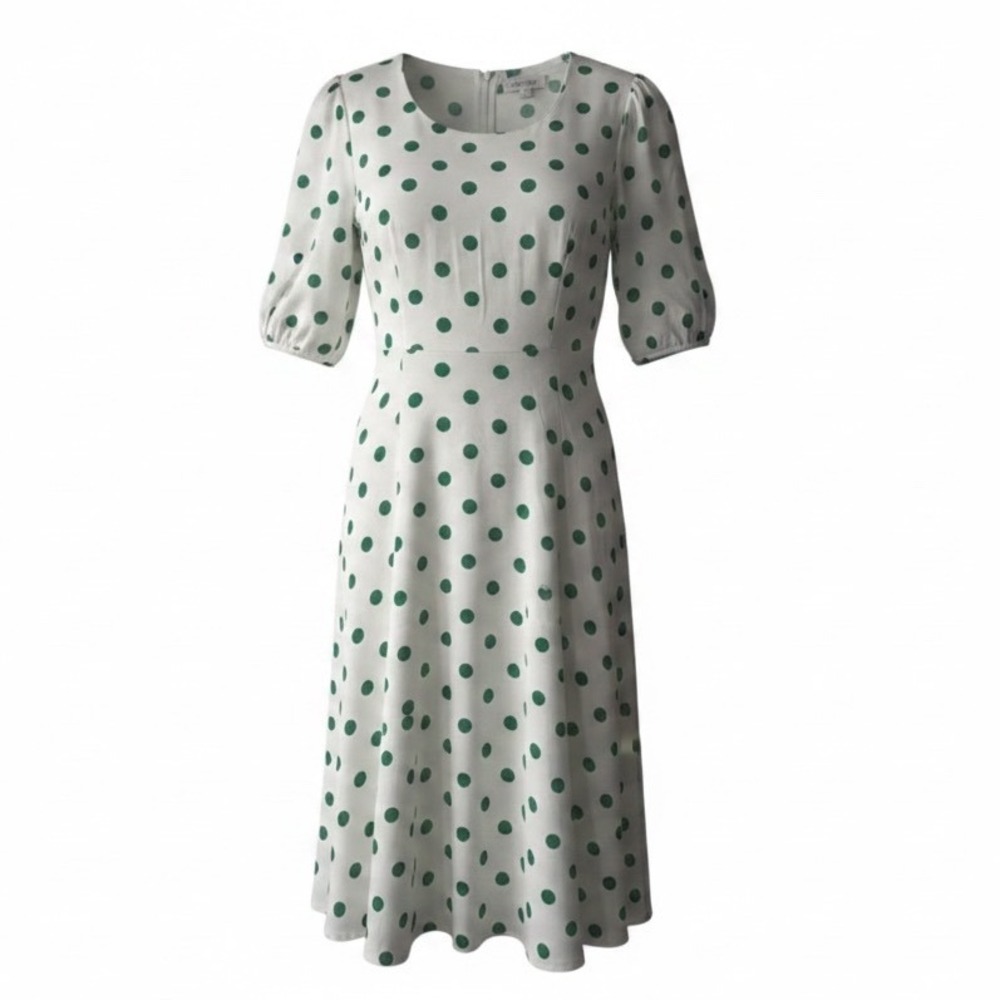 ASOS White Green Polka Dot Midi Dress Womens US 14 UK 18 NWT Puff Sleeve